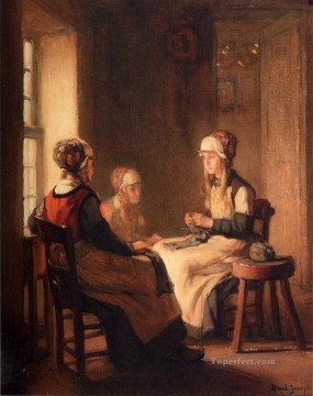  Girl Painting - A Interior With Marken Girls Knitting Joseph Claude Bail